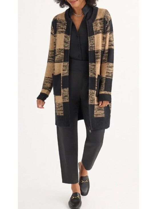 CAbi Sweaters - CABI Hot Toddy Cardigan Black and Tan Faux Fur Removable Collar Sz L #4814 NWOT